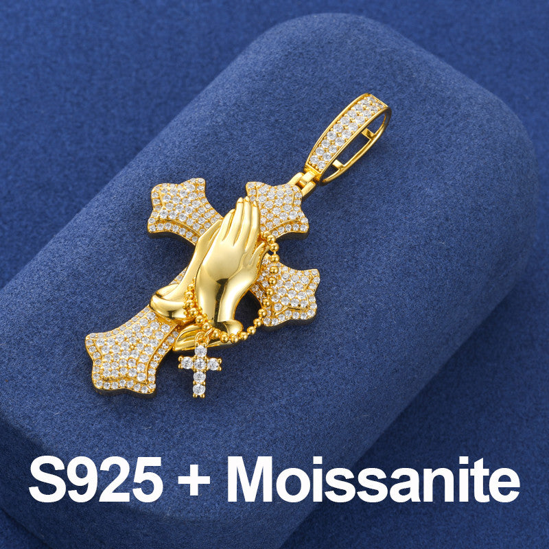 The Power Of Prayer | Solid 925 Silver Prayer Hands Cross Moissanite Diamond Hip Hop Pendant