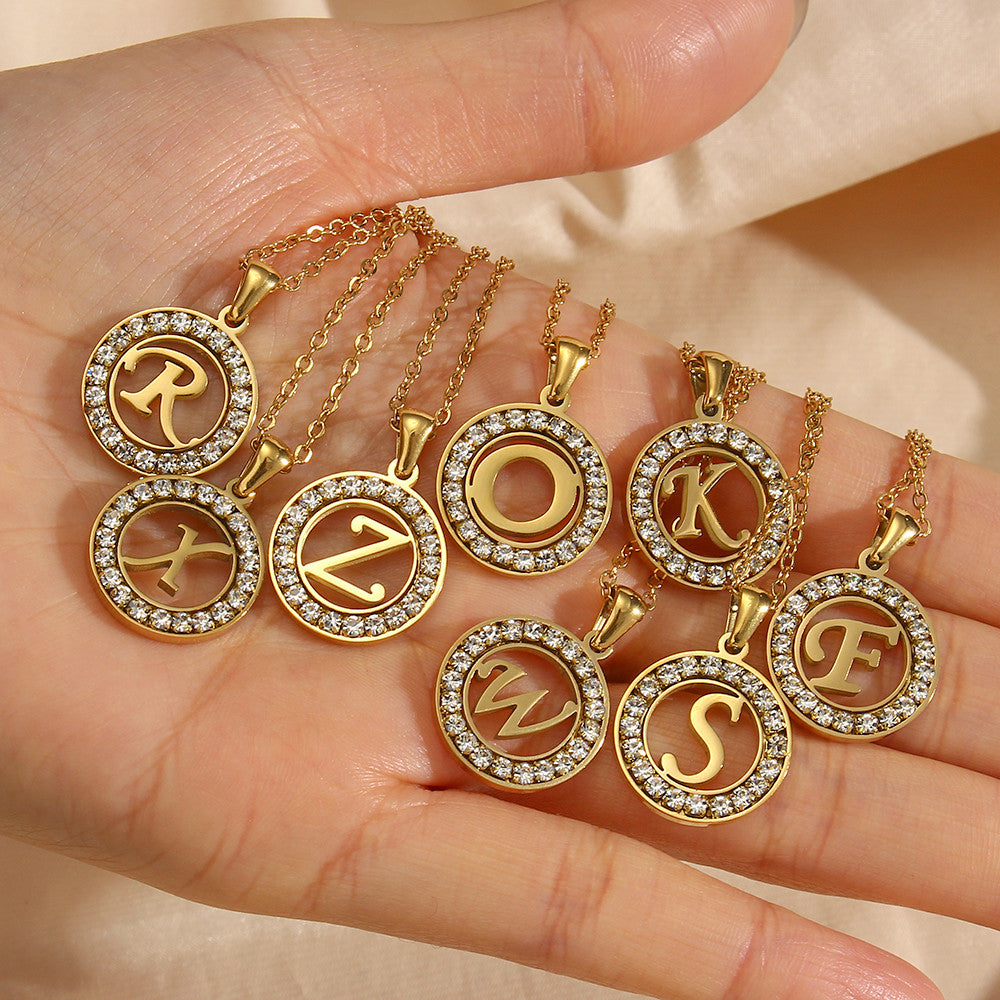 18k Gold Waterproof Hollow Round CZ Paved 26 Alphabet Initial Necklace