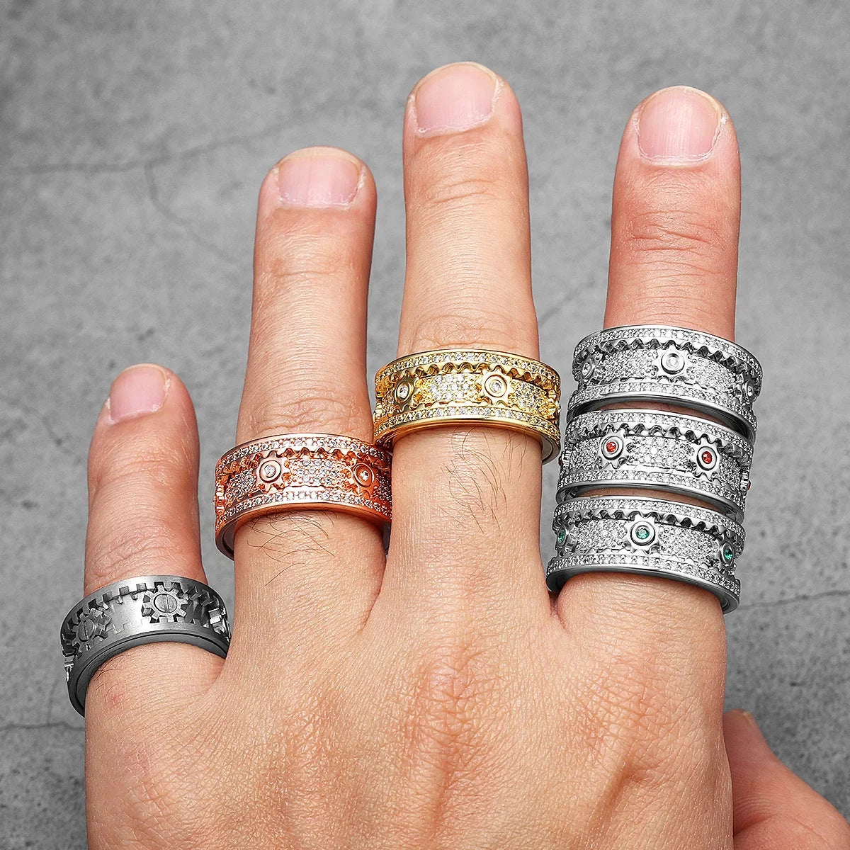 Rotating Gems | Iced Blinged Out Spinning Gears Gemstone No Fade Stainless Steel Rings