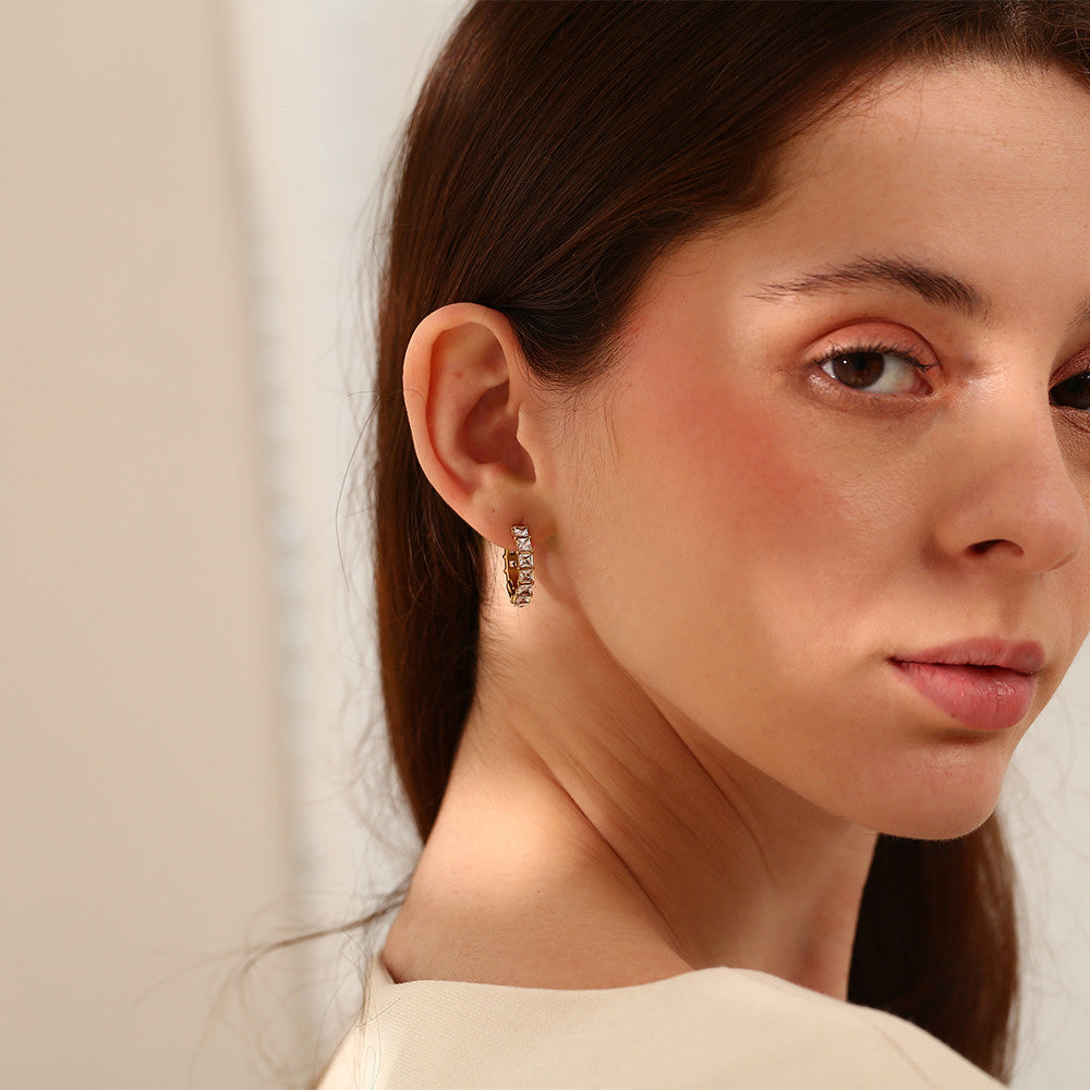 Ladies 18k Gold Stainless Steel Square CZ Round Tarnish Free Earrings