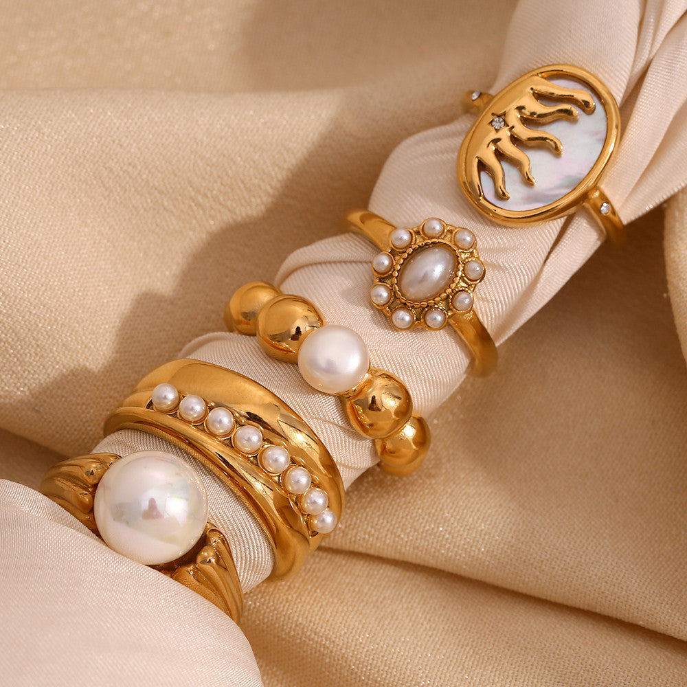 Elegant Imitation Pearl 18k Gold Water Resistant Stainless Steel Rings