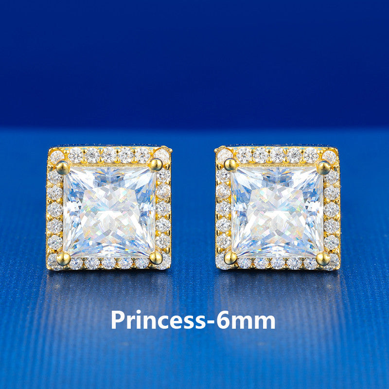 925 Sterling Silver Moissanite Diamond Halo Stud Hip Hop Princess Cut Earrings