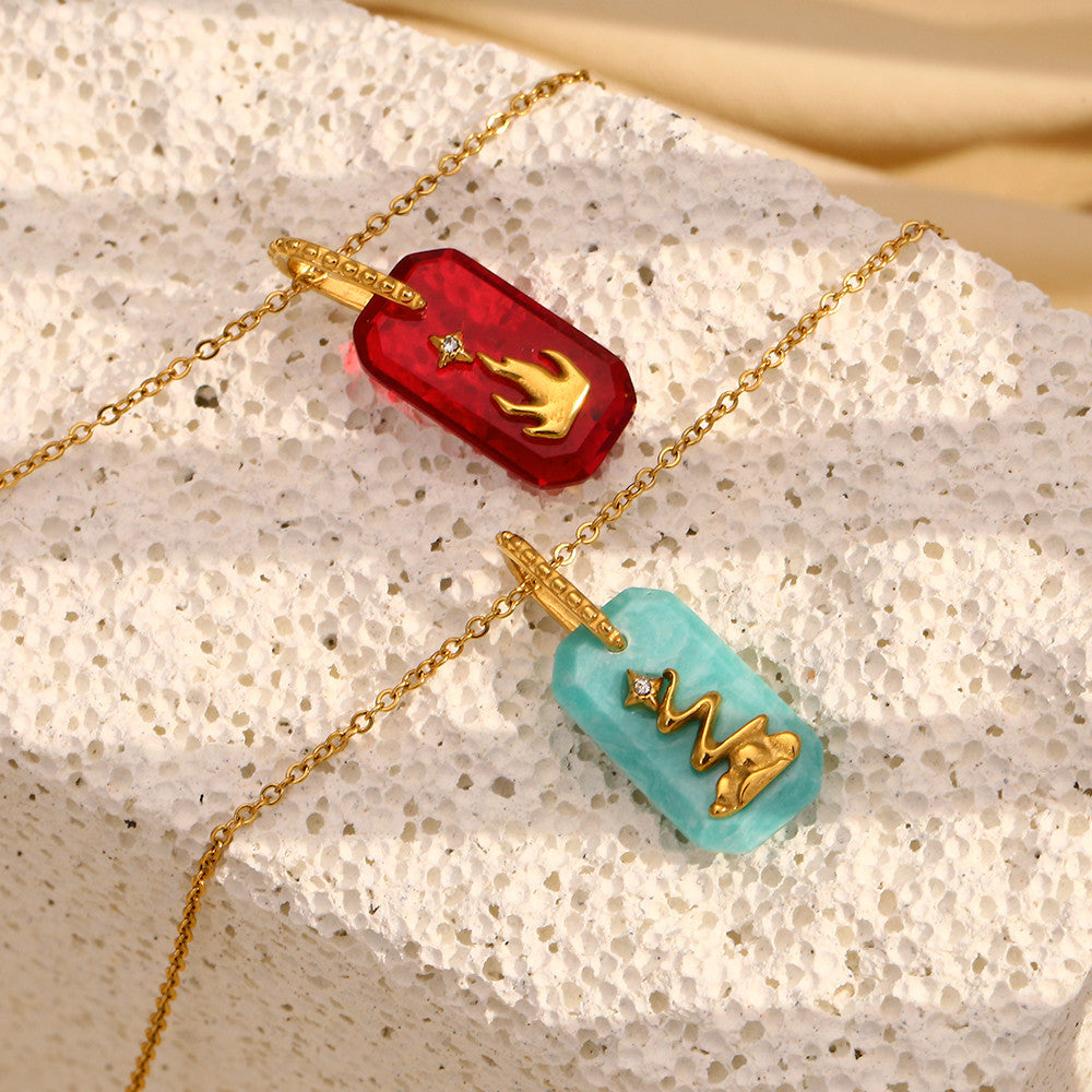 Ladies 18k Gold Stainless Steel Colorful Rectangle Star Lion Pendant No Fade Necklace