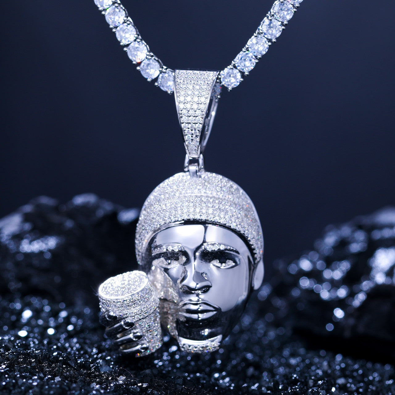 Genuine Drank in My Cup Head Hip Hop Chain Solid Sterling Silver Lab Diamond Pendant