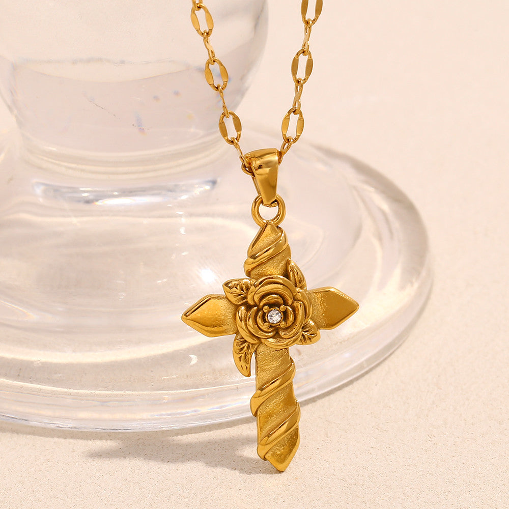 18k Gold Waterproof Rose Flower Bling Stainless Steel Hip Hop Cross Pendant Necklace