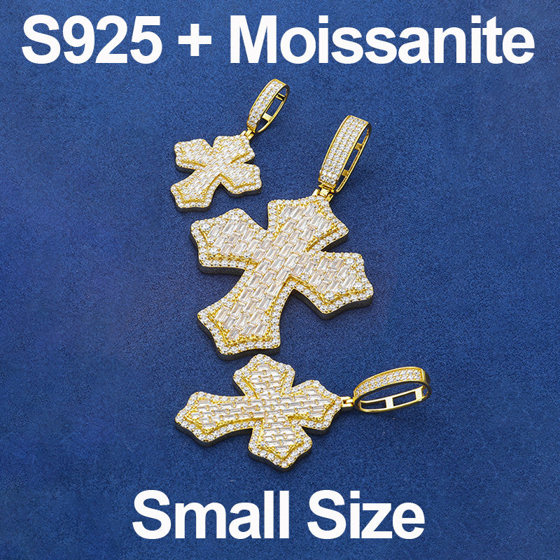 Cross Shield | Solid 925 Sterling Silver Moissanite Diamond Baguette Hip Hop Pendant