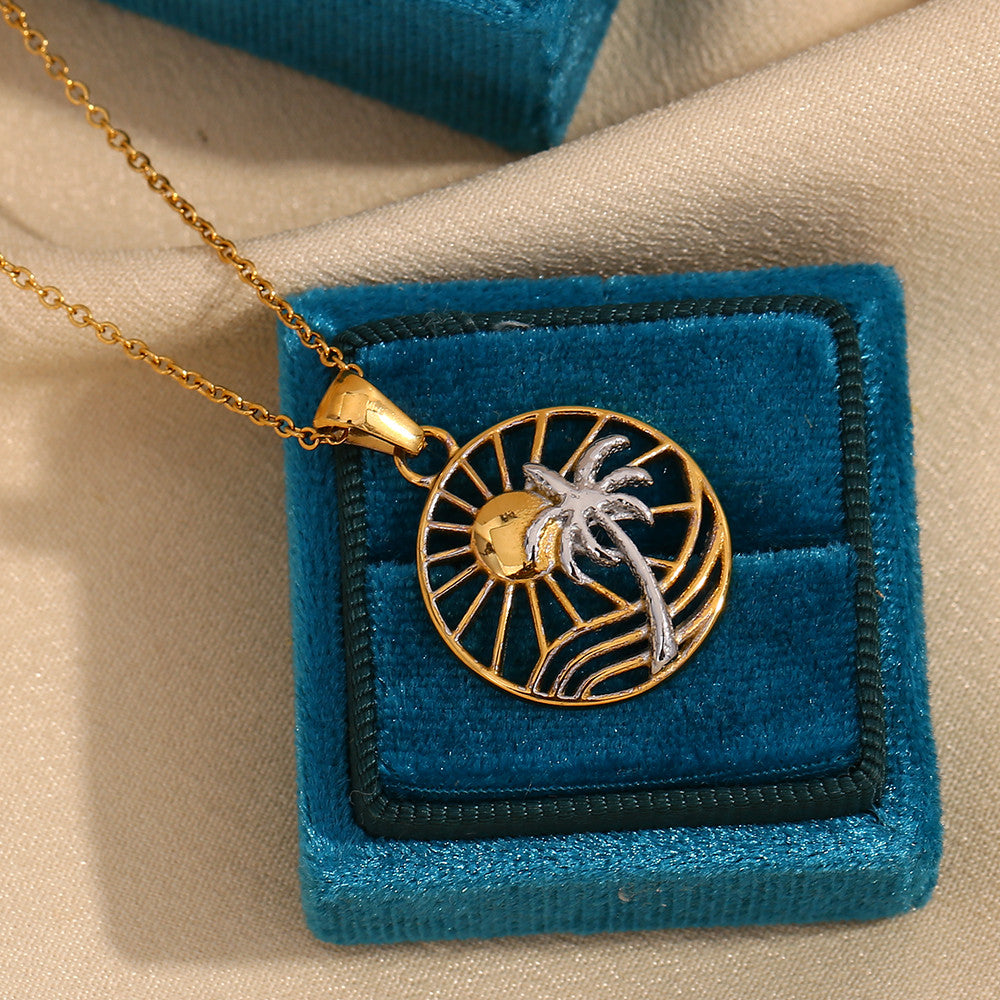 Ladies 18k Gold Waterproof Solid Stainless Steel Sun Coconut Palm Tree Pendant Necklace