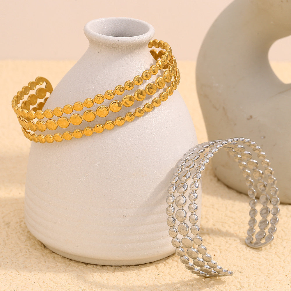 Ladies Classic Style Three Layers Round Cuff 18K Gold Adjustable Waterproof 316L SS Bracelet
