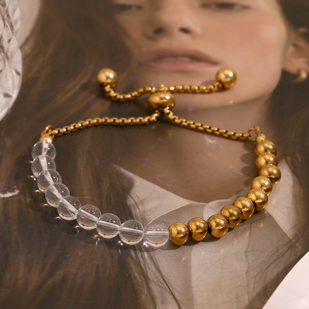 18k Gold Waterproof Clear Acrylic Half Stainless Steel Beads Adjustable Bracelet