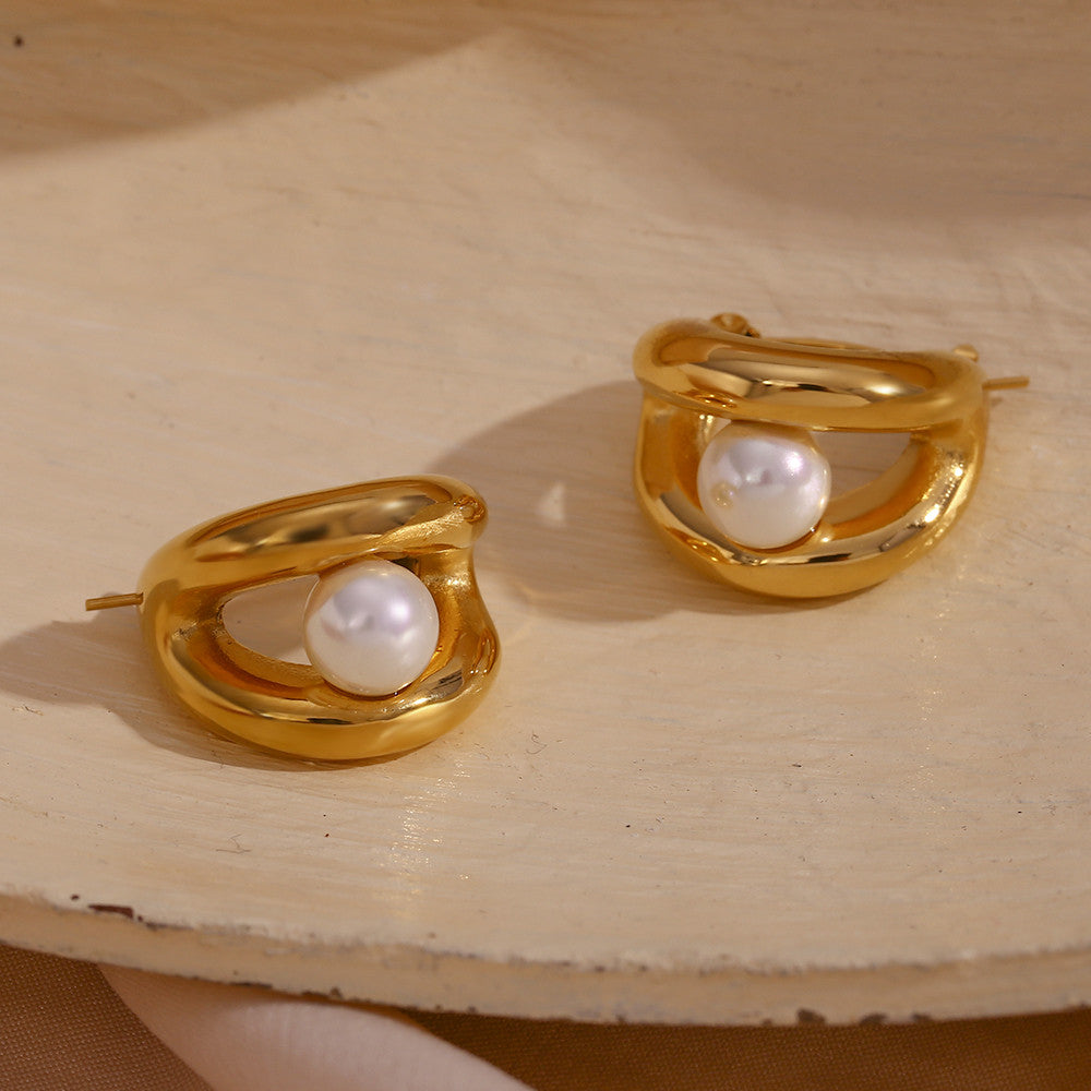 Stainless Steel Water Resistant Double Layers Synthetic Pearl Hoop Bling Earrings