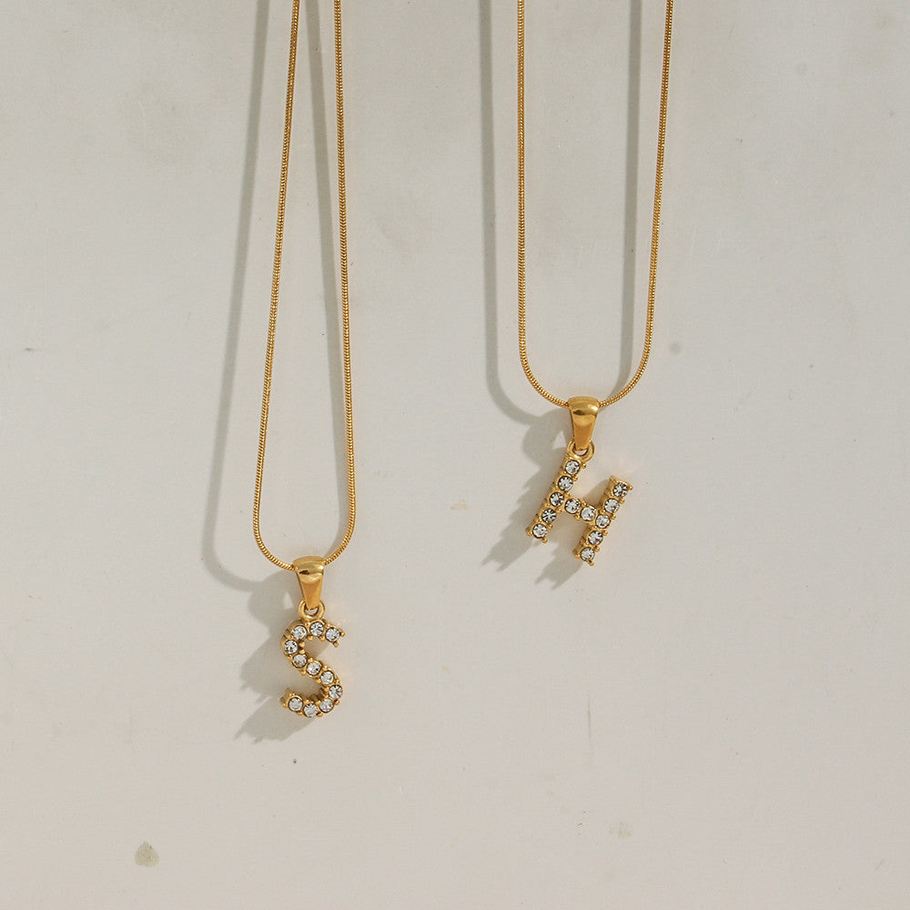 18k Gold Stainless Steel Thin Snake Chain 3A Zircon Stone Paved Initial Necklace