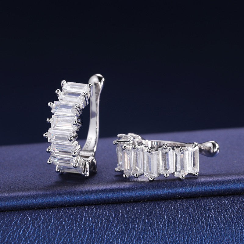 Clip On Solid 925 Silver Moissanite Diamond Baguette Bling Non-Piercing Stud Hip Hop Earrings