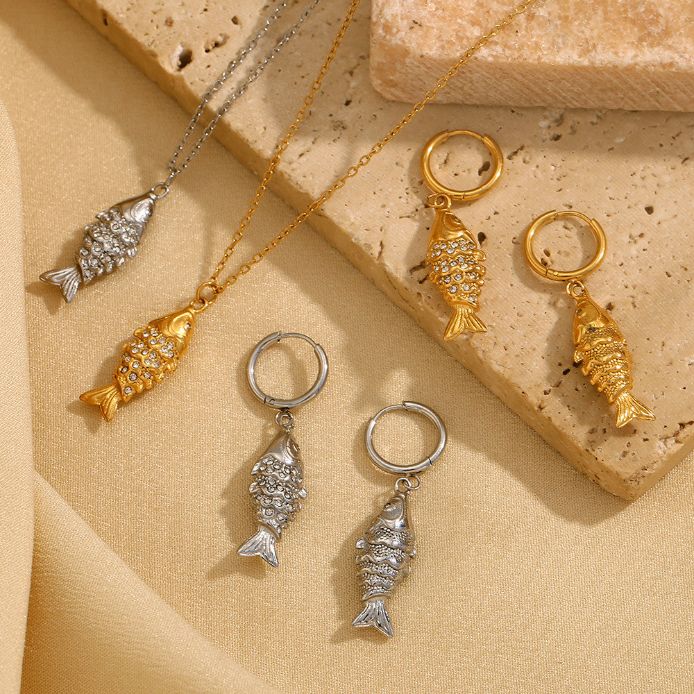 18k Gold Stainless Steel Rhinestone Koi Fish Waterproof Necklace Earring Jewelry Set