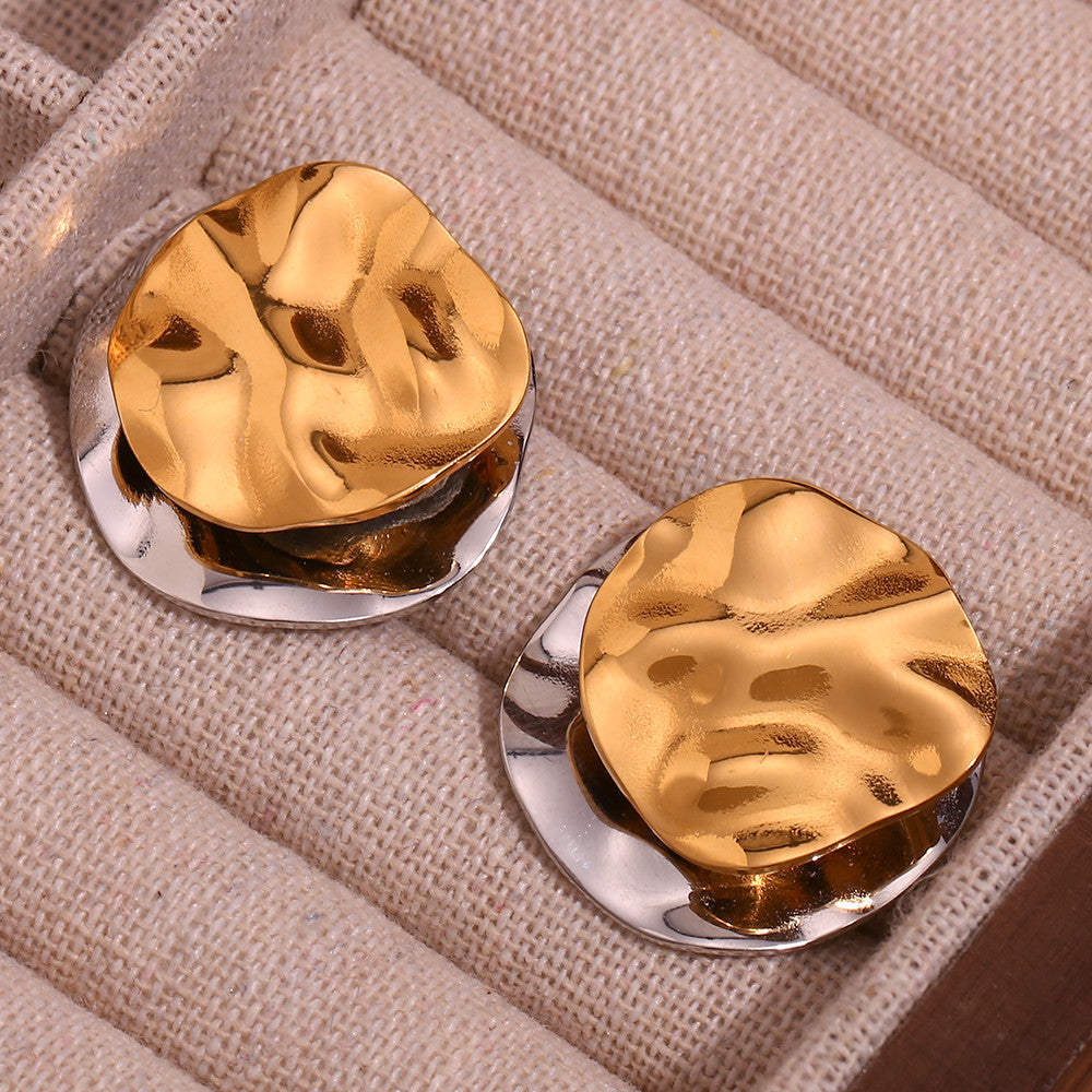 Stainless Steel Double Layer 18k Gold Silver 2 Tone Round Circle Stud Earrings