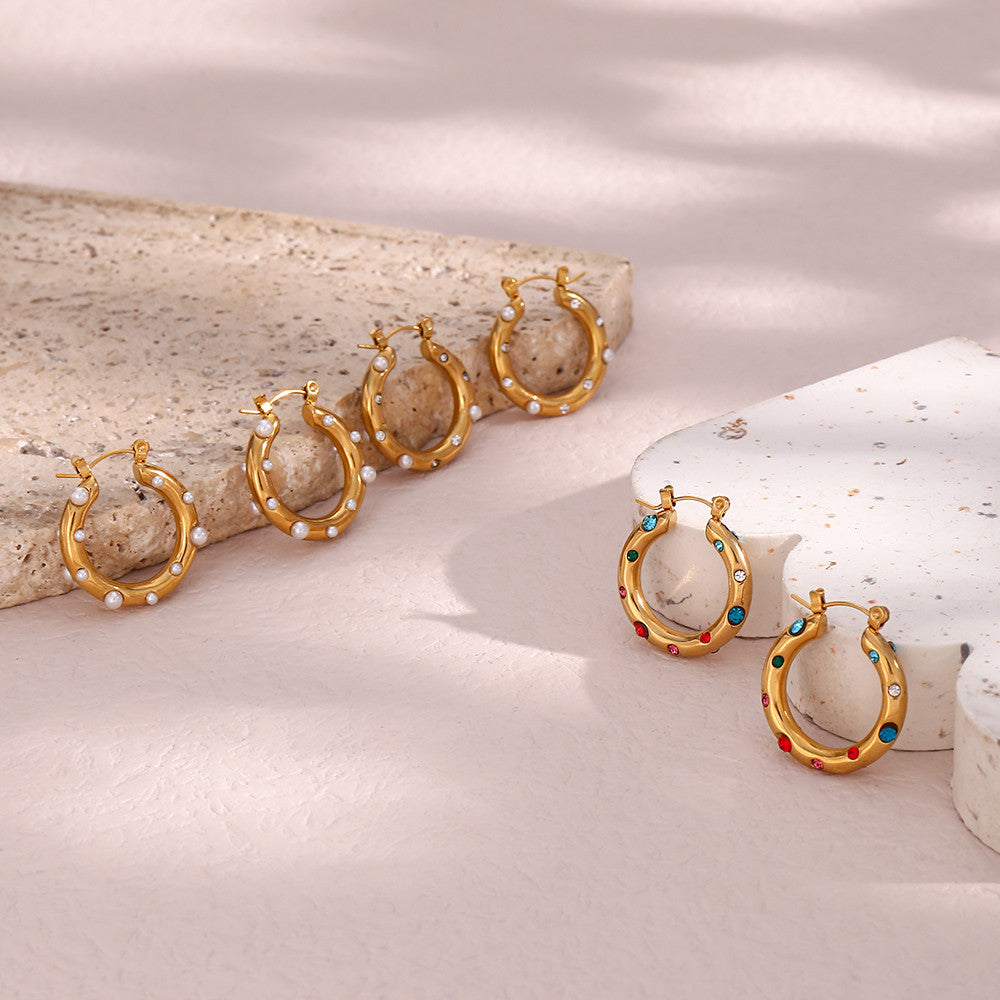 Waterproof 18k Gold  Colorful CZ Stone Pearl Paved Chunky 25MM Medium Size Hoop Earrings