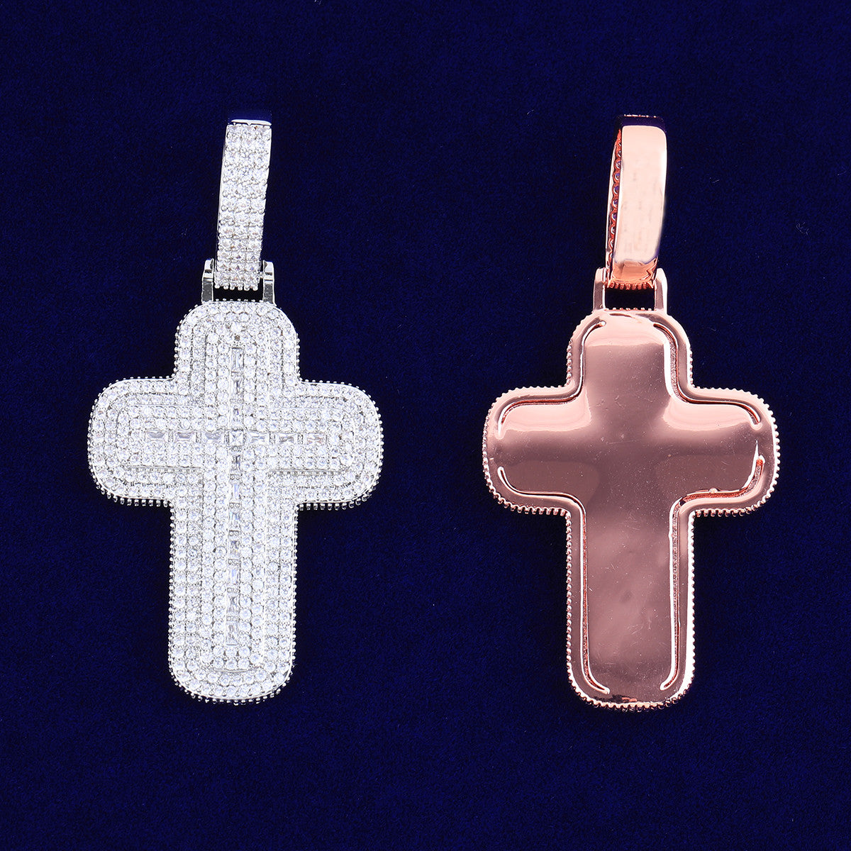 Two Layer Cross | VVS Diamond CZ Stone 24k 925 Silver Rose Gold Iced Baguette Cross Pendant