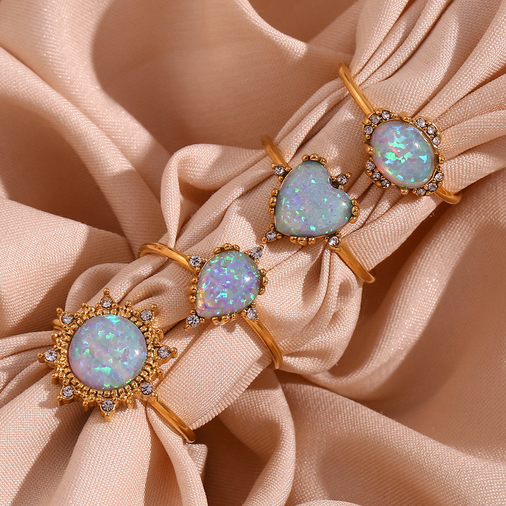 18k Gold Adjustable Circle Heart Sun Teardrop Natural Opal Stone Waterproof Rings