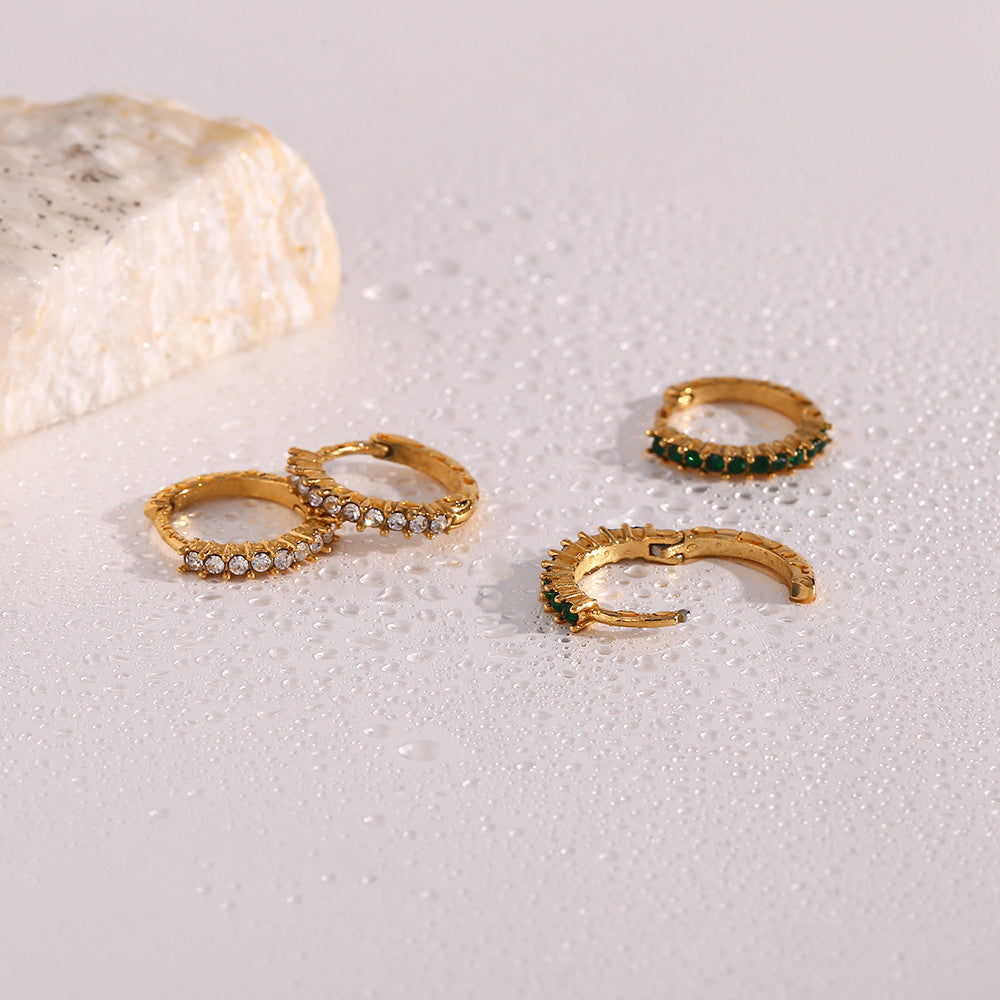 18k Gold over Stianless Steel Waterproof Green Round CZ Paved Huggie Hoop Earrings