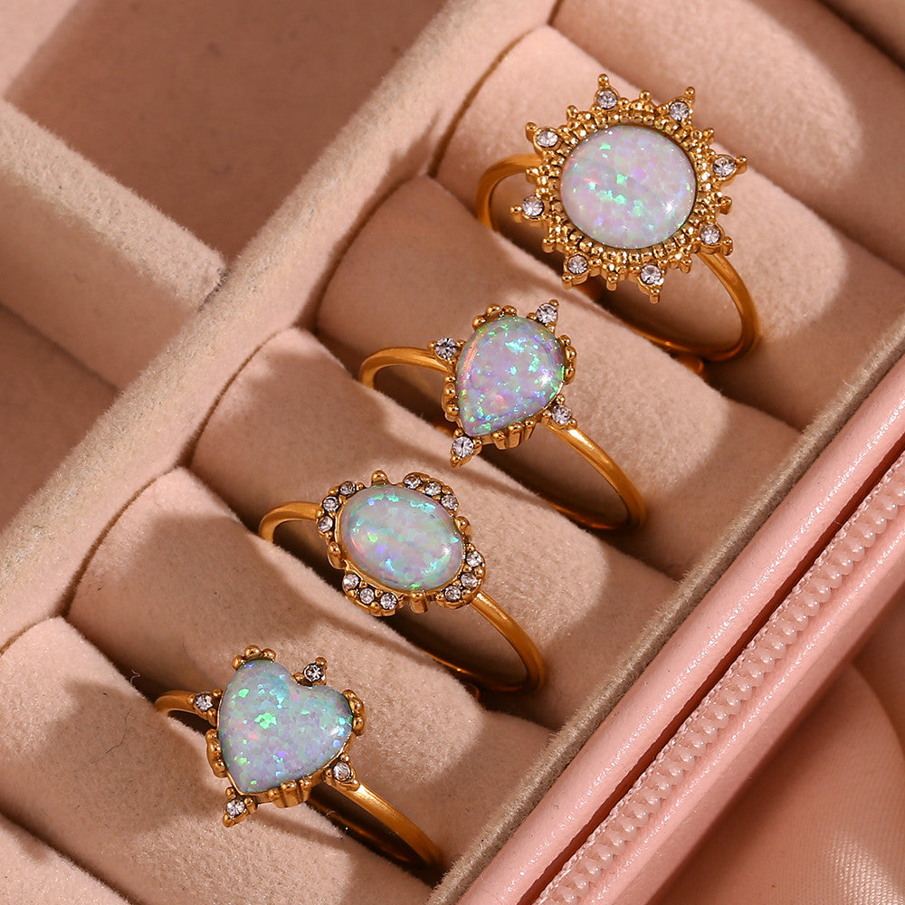 18k Gold Adjustable Circle Heart Sun Teardrop Natural Opal Stone Waterproof Rings