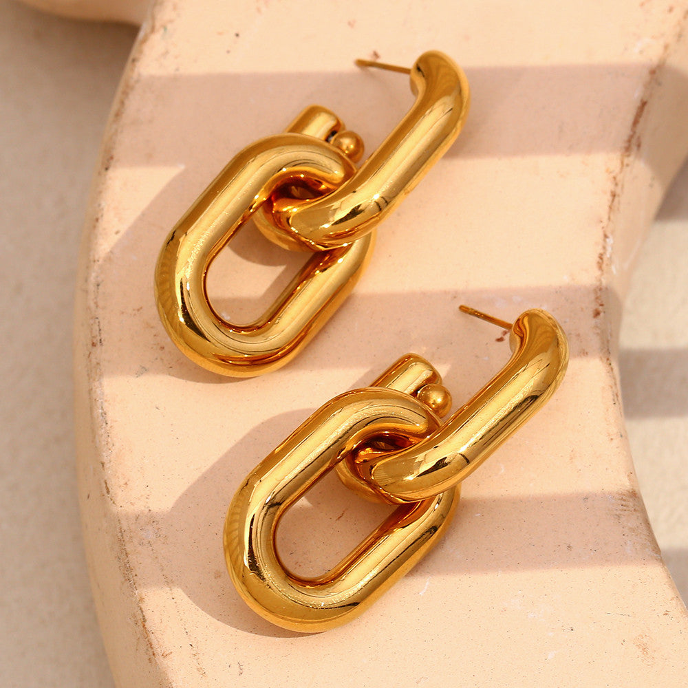 Ladies 18k Gold Stainless Steel Hollow Chain Link Dangle Waterproof Earrings