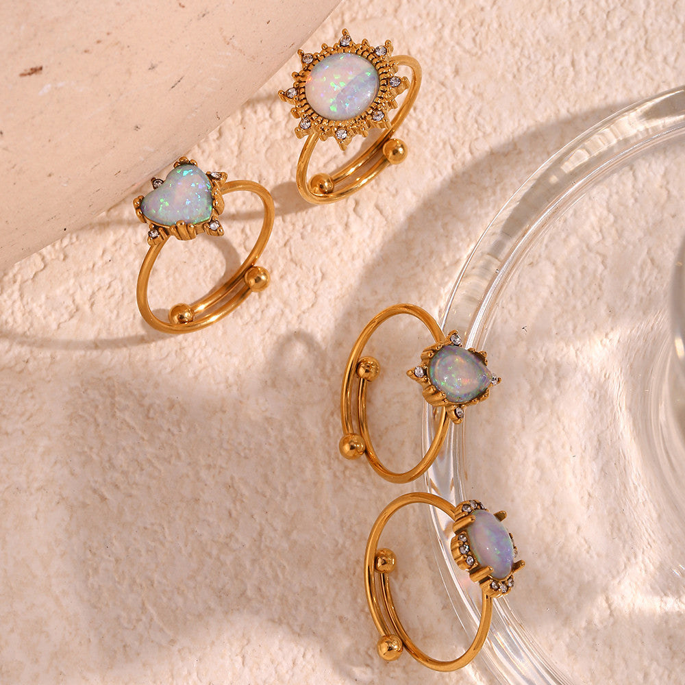 18k Gold Adjustable Circle Heart Sun Teardrop Natural Opal Stone Waterproof Rings
