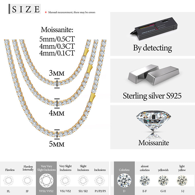 3MM Solid 925 Sterling Silver Full Moissanite Diamond Hip Hop Tennis Chain Necklace