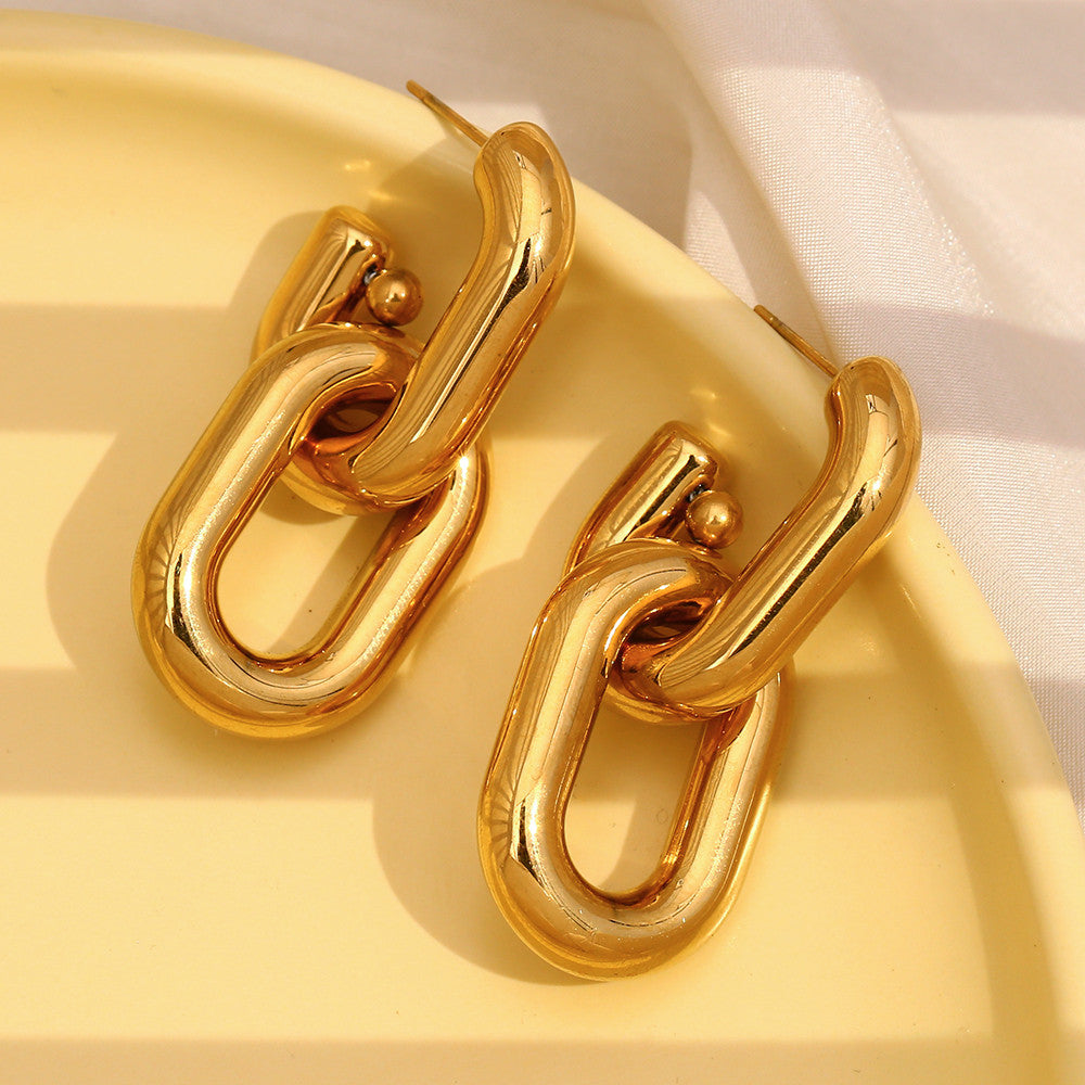 Ladies 18k Gold Stainless Steel Hollow Chain Link Dangle Waterproof Earrings