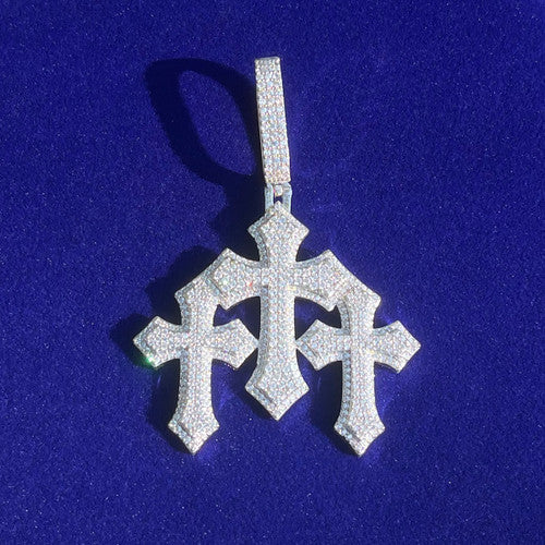 Flooded Ice Trinity Calvary Cross Hip Hop Pendant Chain Necklace