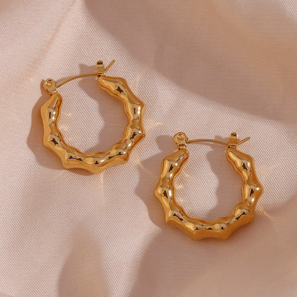 18k Gold Light Weight Stainless Steel Bamboo Nodes Shape Waterproof Hoop Earrings