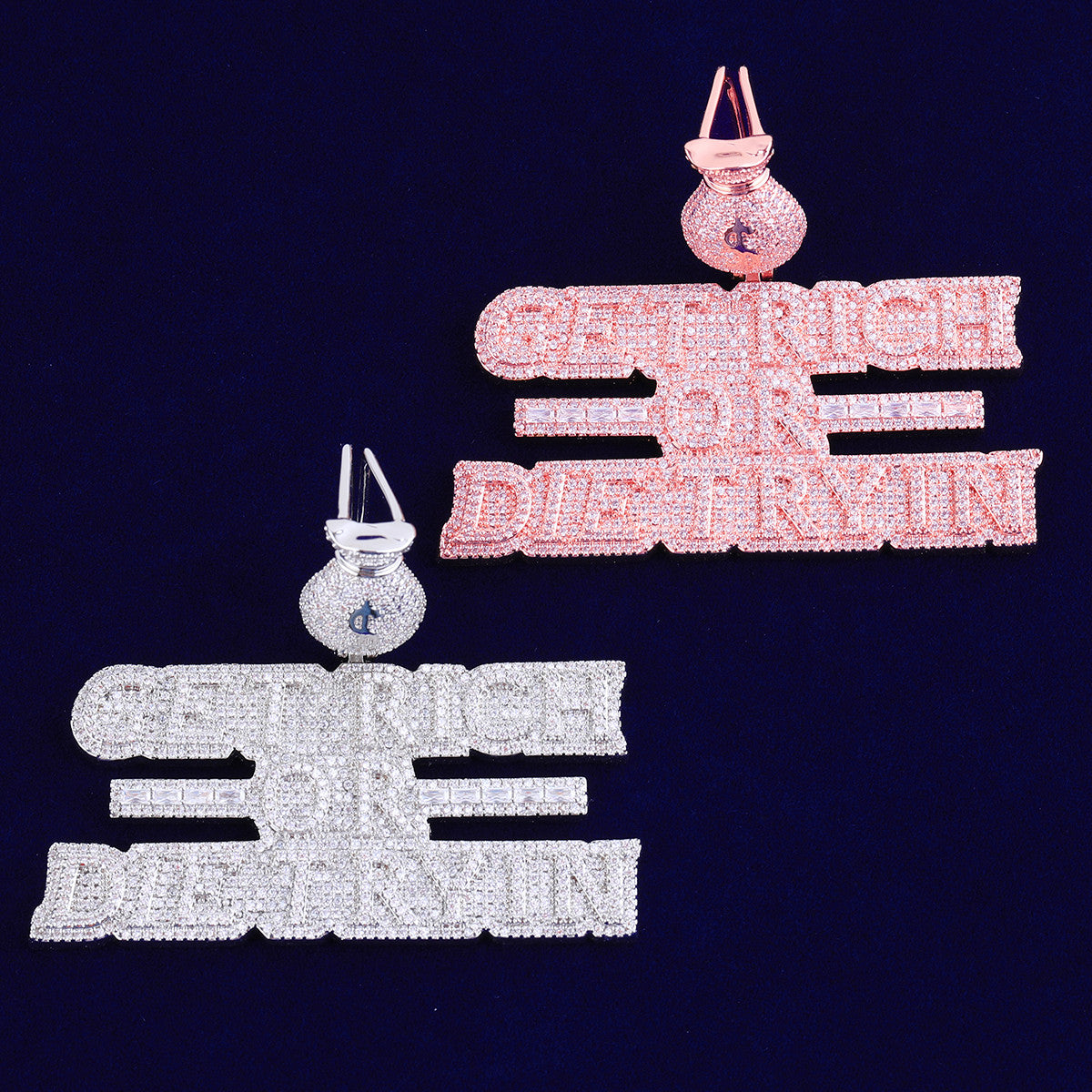 Get Rich or Die Tryin | VVS Diamond CZ Baguette Name Plate Hip Hop Pendant