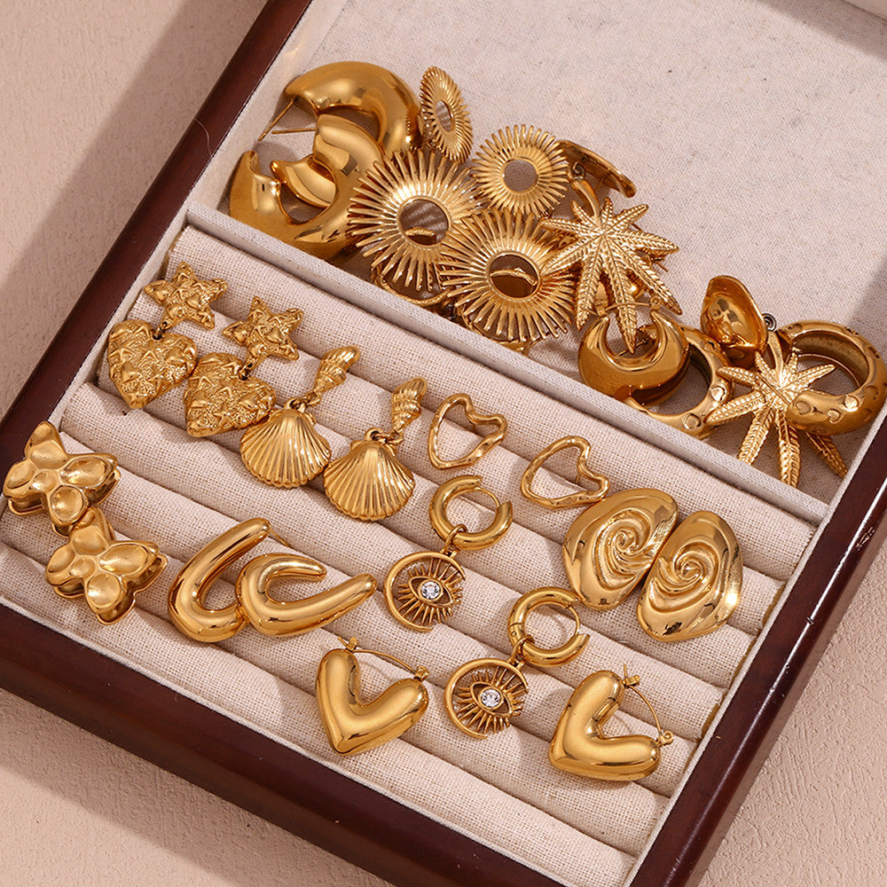 18k Gold Waterproof Starfish Love Circle Cochlear Conch Irregular Coconut Tree Bling Earrings