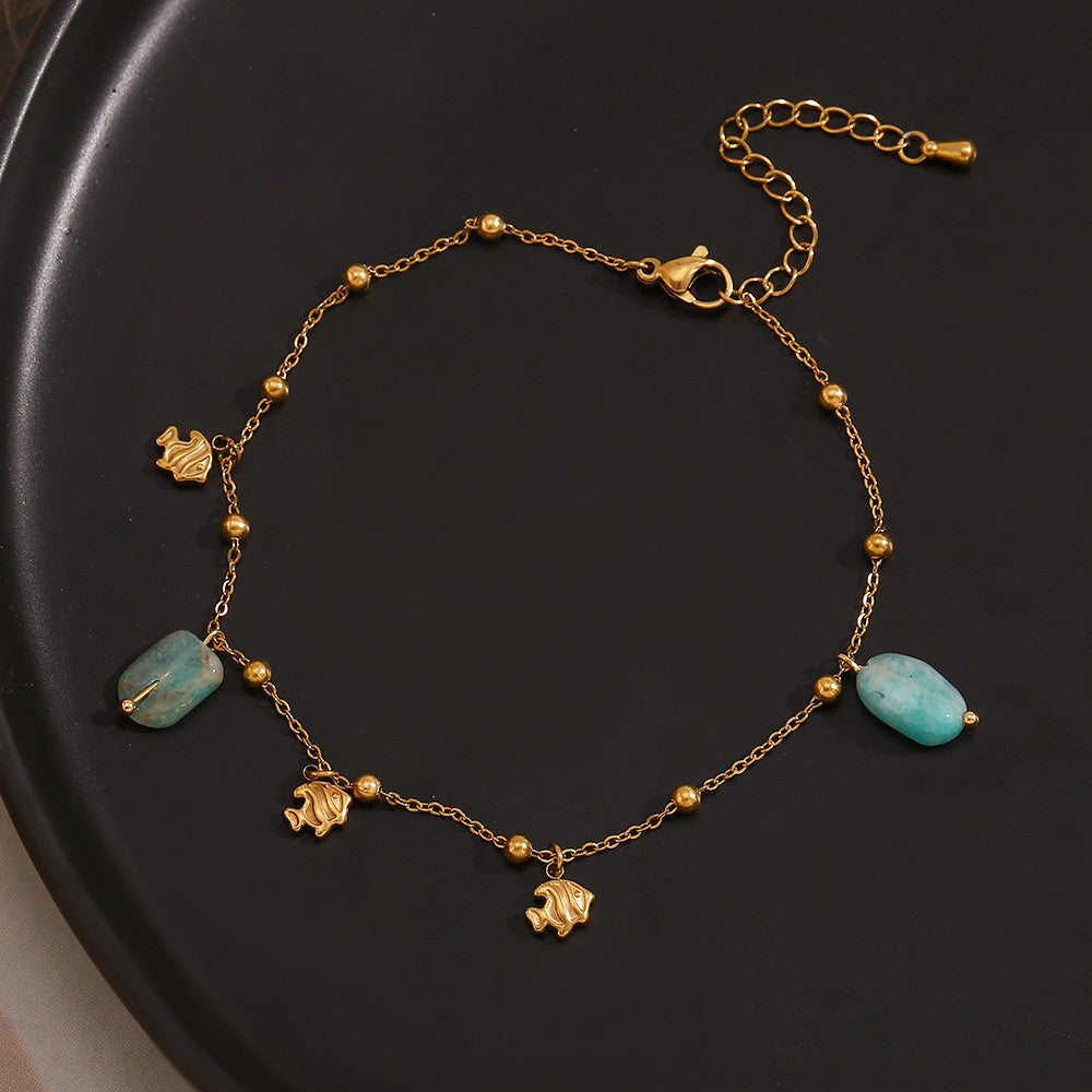 18k Gold Waterproof Cute Clown Fish Natural Amazonite Stone Anklets Ankle Bracelet