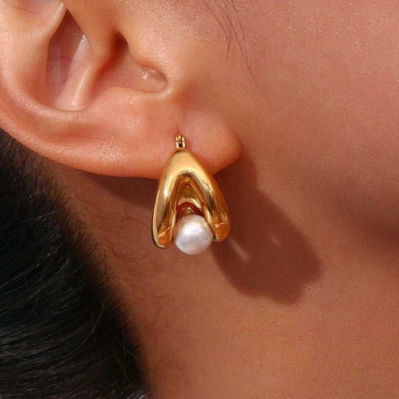 Stainless Steel Water Resistant Double Layers Synthetic Pearl Hoop Bling Earrings