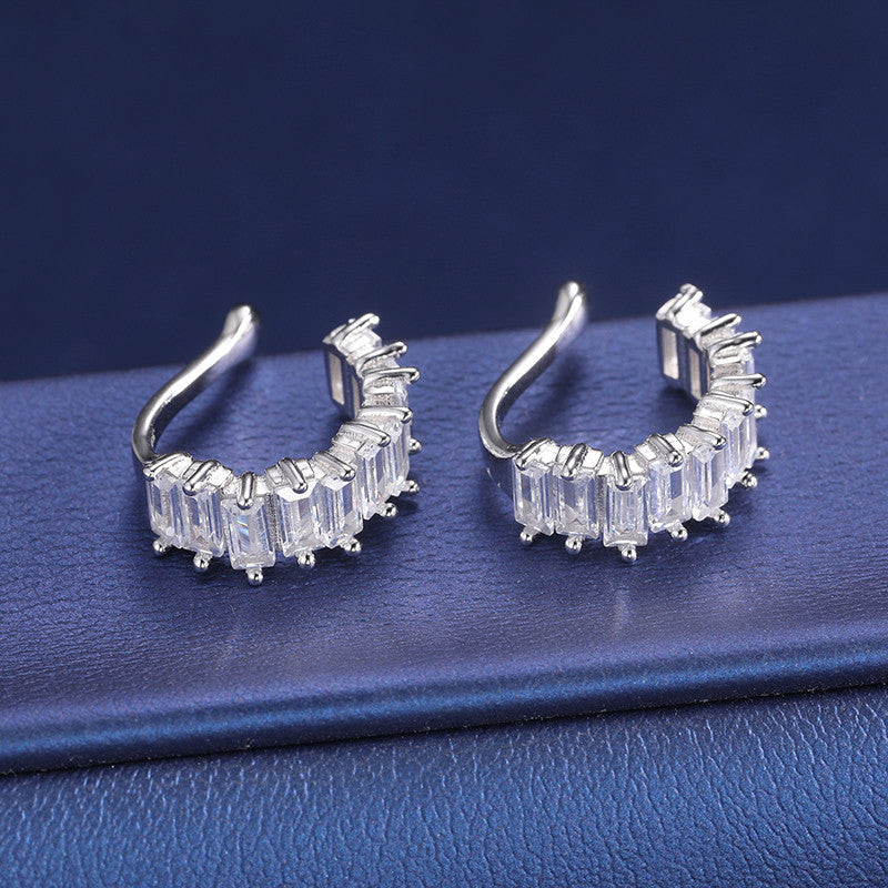 Clip On Solid 925 Silver Moissanite Diamond Baguette Bling Non-Piercing Stud Hip Hop Earrings