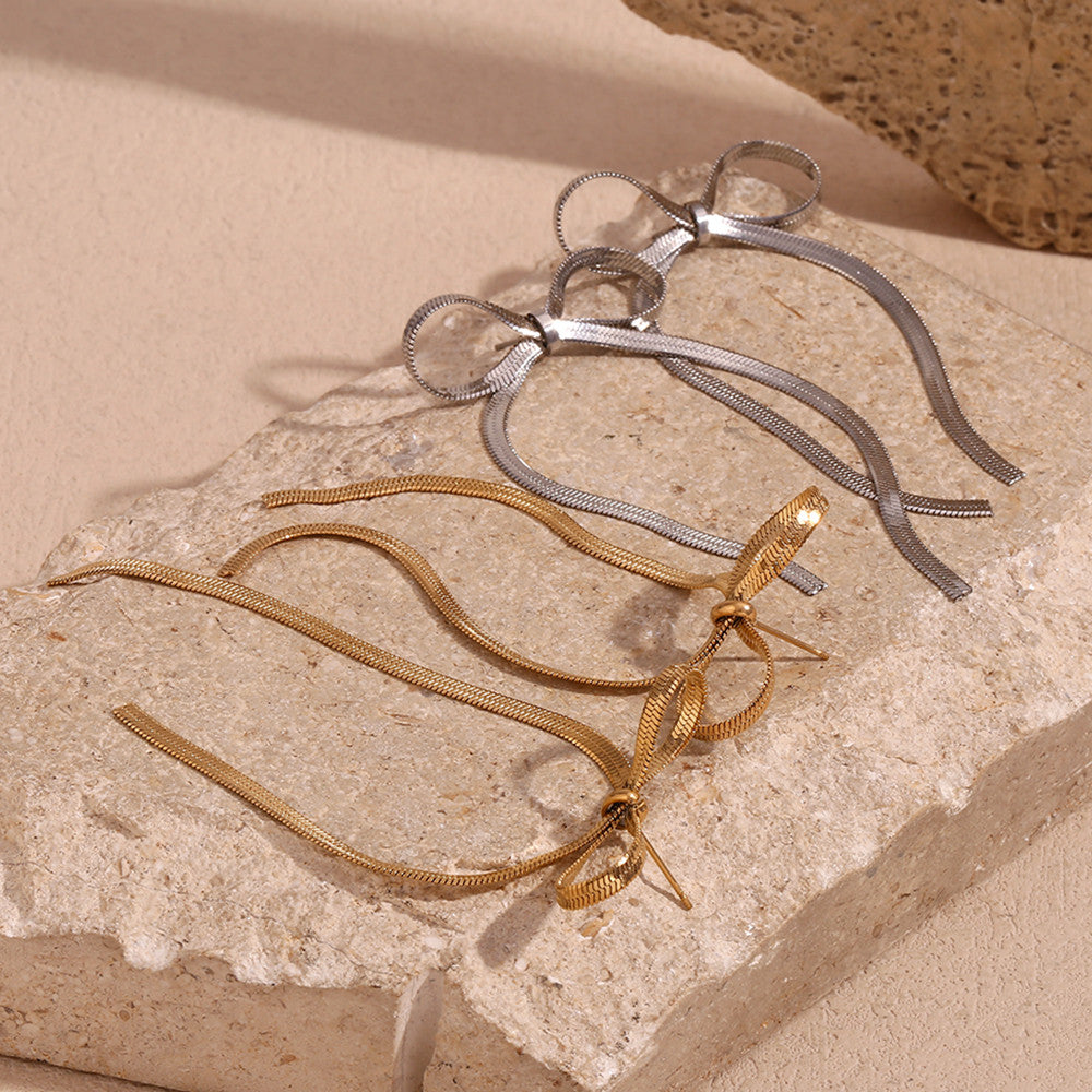 18k Gold Waterproof Blade Chain Bow Drop Stainless Steel Earrings Tarnish Free