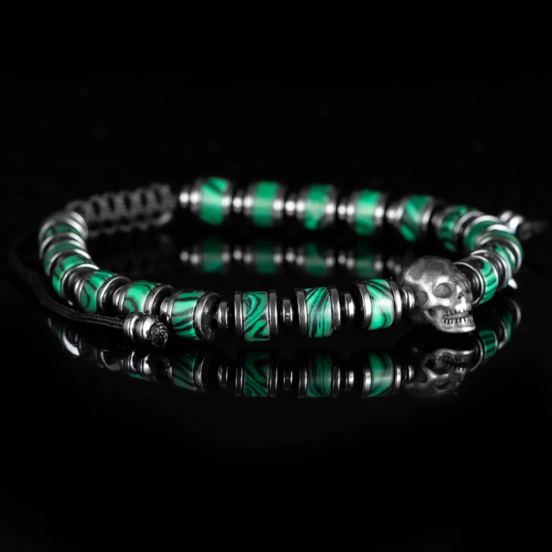 Secret Society II | Men's Natural Stone Beaded No Fade Stainless Steel Skull Bracelet