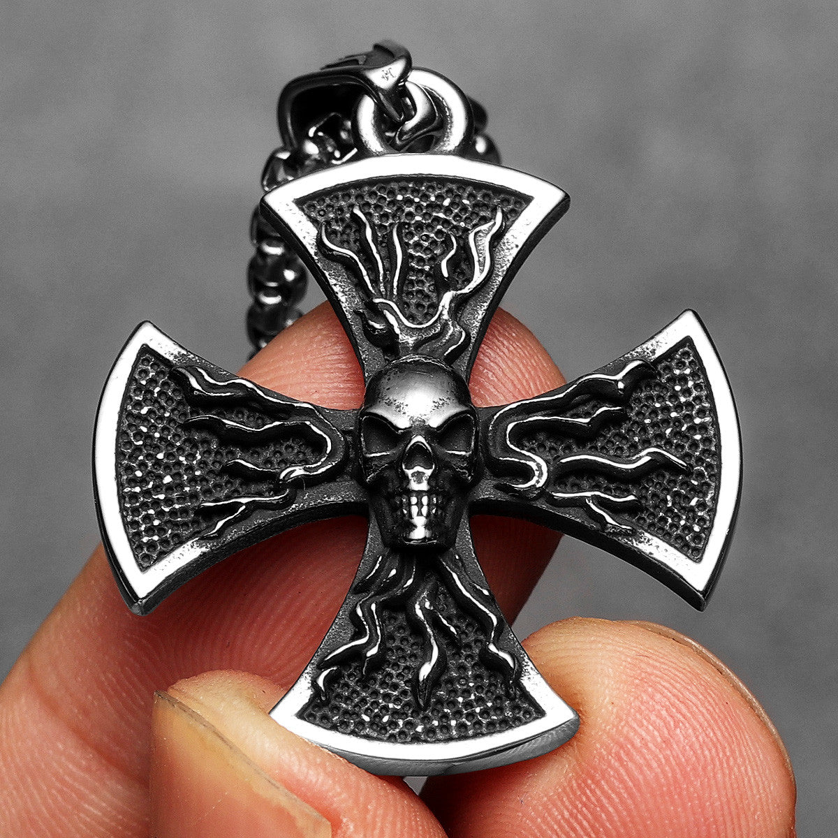 Flame Skull | Solid Stainless Steel Hip Hop Street Style Cross Pendant Chain Necklace