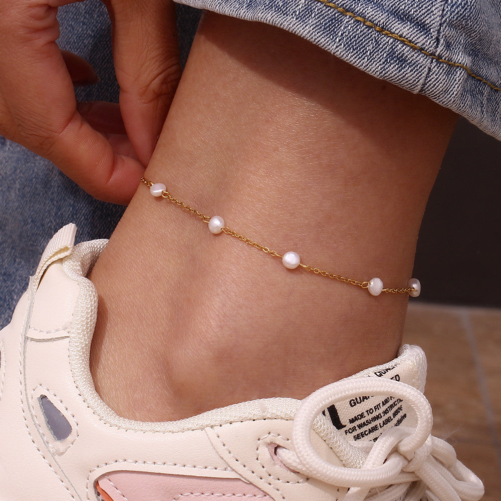Ladies 18k Gold Over Stainless Steel Freshwater Pearl Water Resistant Anklet Ankle Bracelet