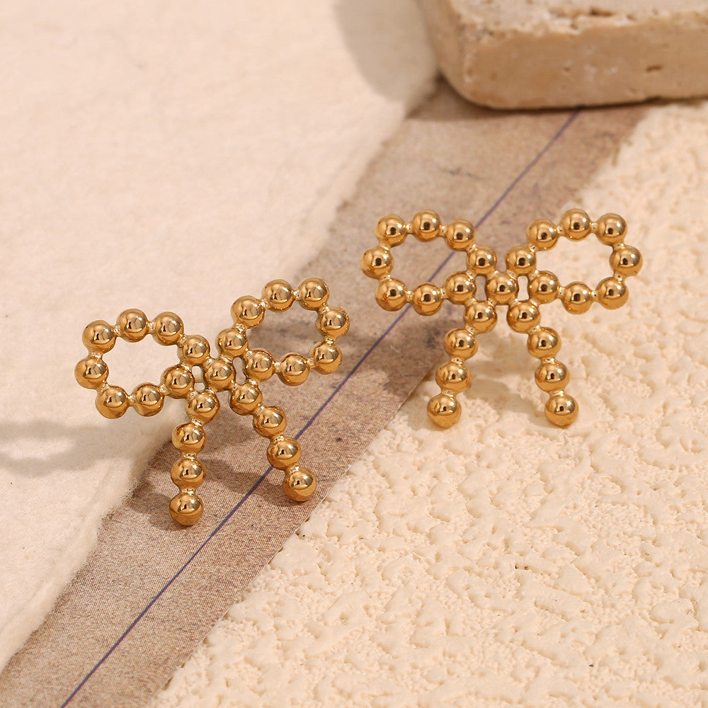 The Prize | 18k Gold Stainless Steel Waterproof Elegant Tiny Round Beads Bowknot Stud Earrings