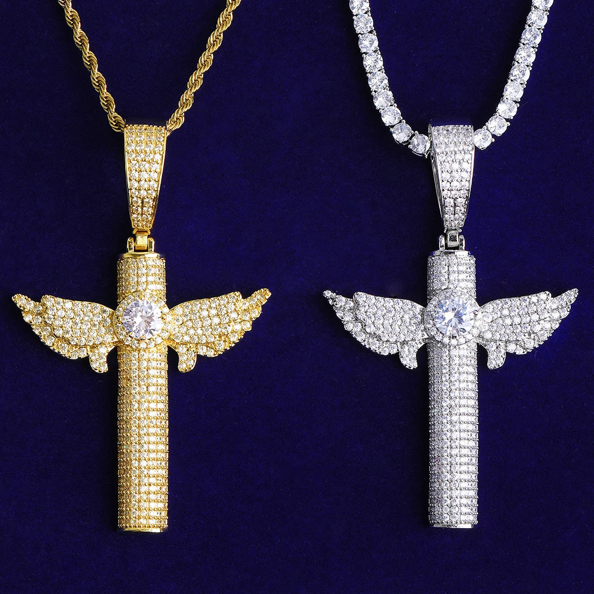 Angelic Cross | Iced Blinged Out 5A+ VVS Diamond Angel Wings Cross Center Stone Pendant