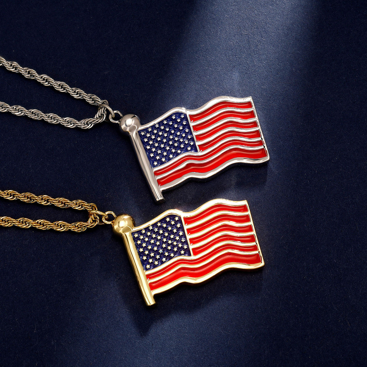 God Bless America | Red Oil American Flag 14k Gold 925 Silver Pendant Chain Necklace