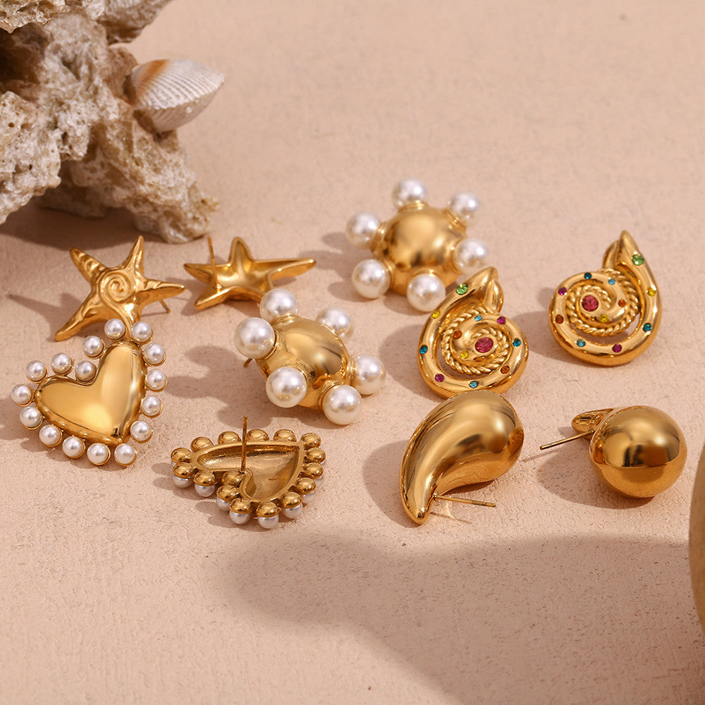 18k Gold Stainless Steel Whirlpool Pentagonal Star Shell Hollow Pearl Earrings