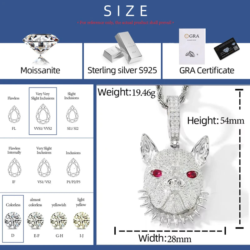 Frenchie | Moissanite Diamond 925 Sterling Silver Spiked Collar French Bull Dog Hip Hop Pendant