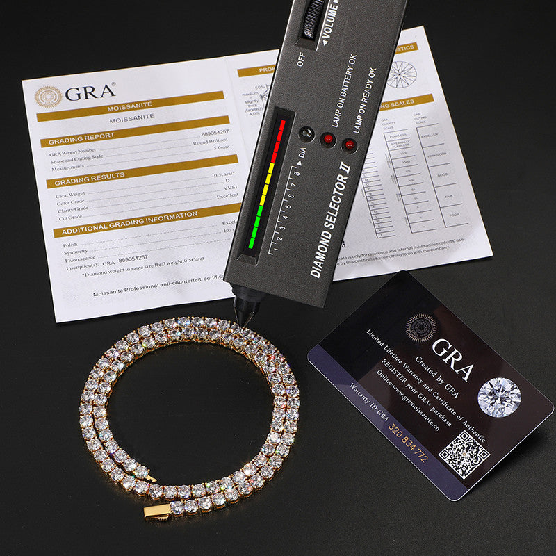 3MM Solid 925 Sterling Silver Full Moissanite Diamond Hip Hop Tennis Chain Necklace