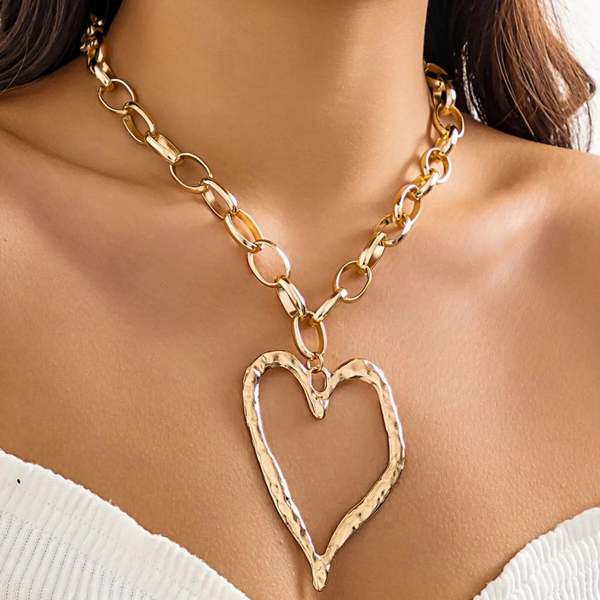 Ladies Big Heart Big Love Hip Hop Thick Rolo Link Pendant Chain Necklace