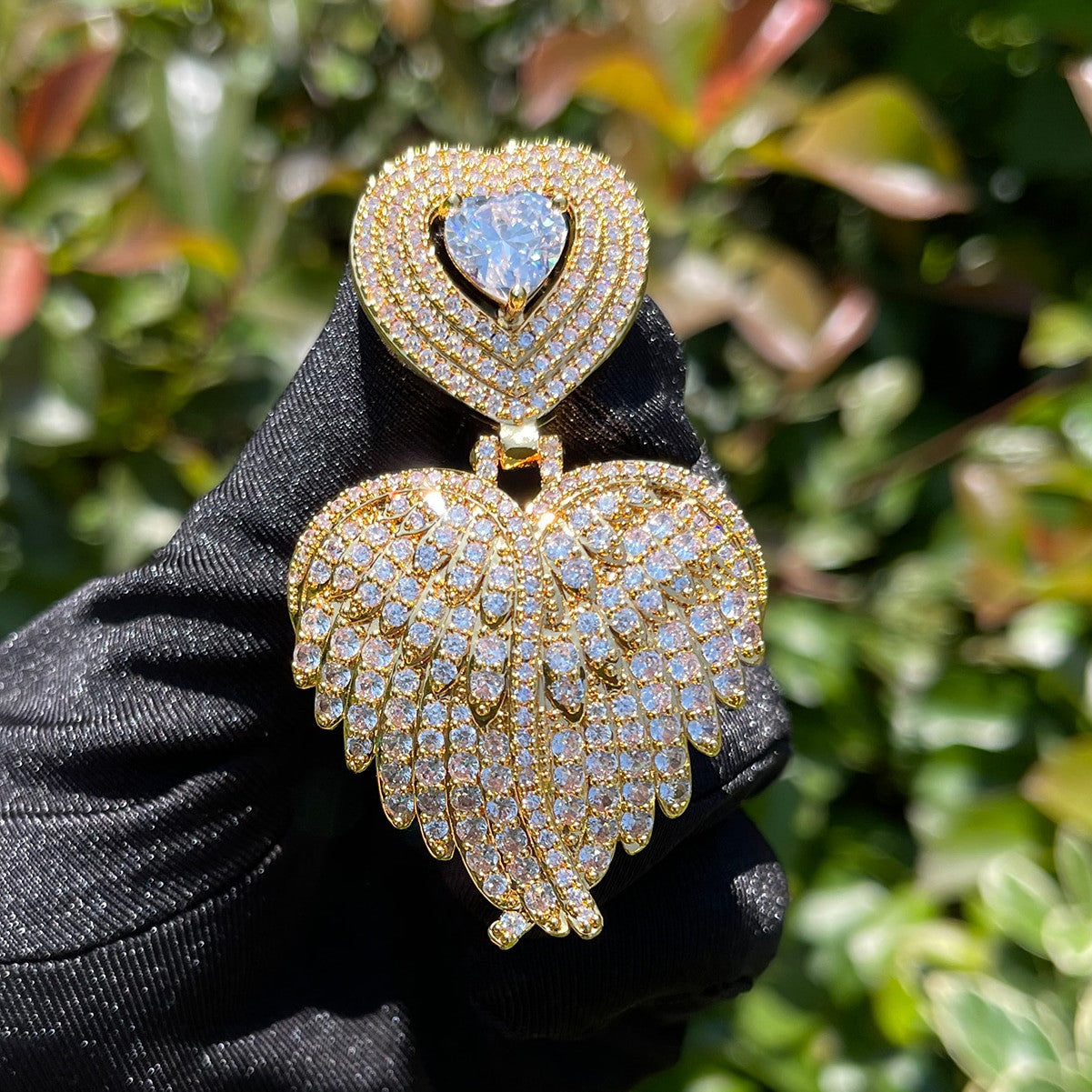 Ladies Center Stone Closed  Angel Wings Heart Shape Pendant Necklace