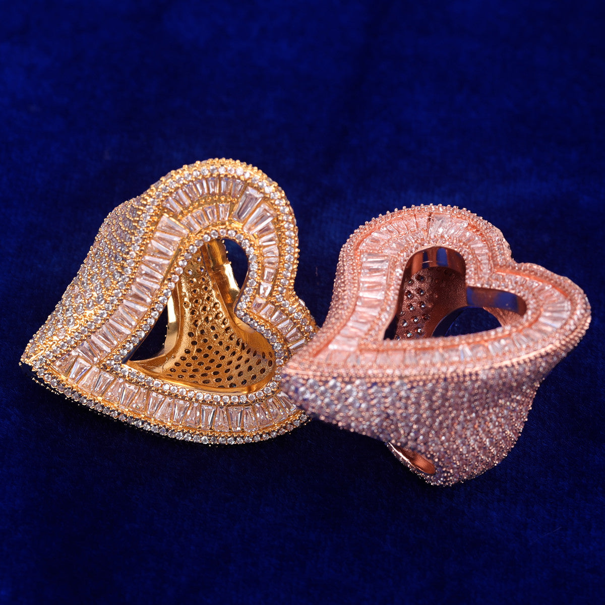 Love's Embrace | Gold Silver Rose Open Heart Of Love Iced Baguette Rings