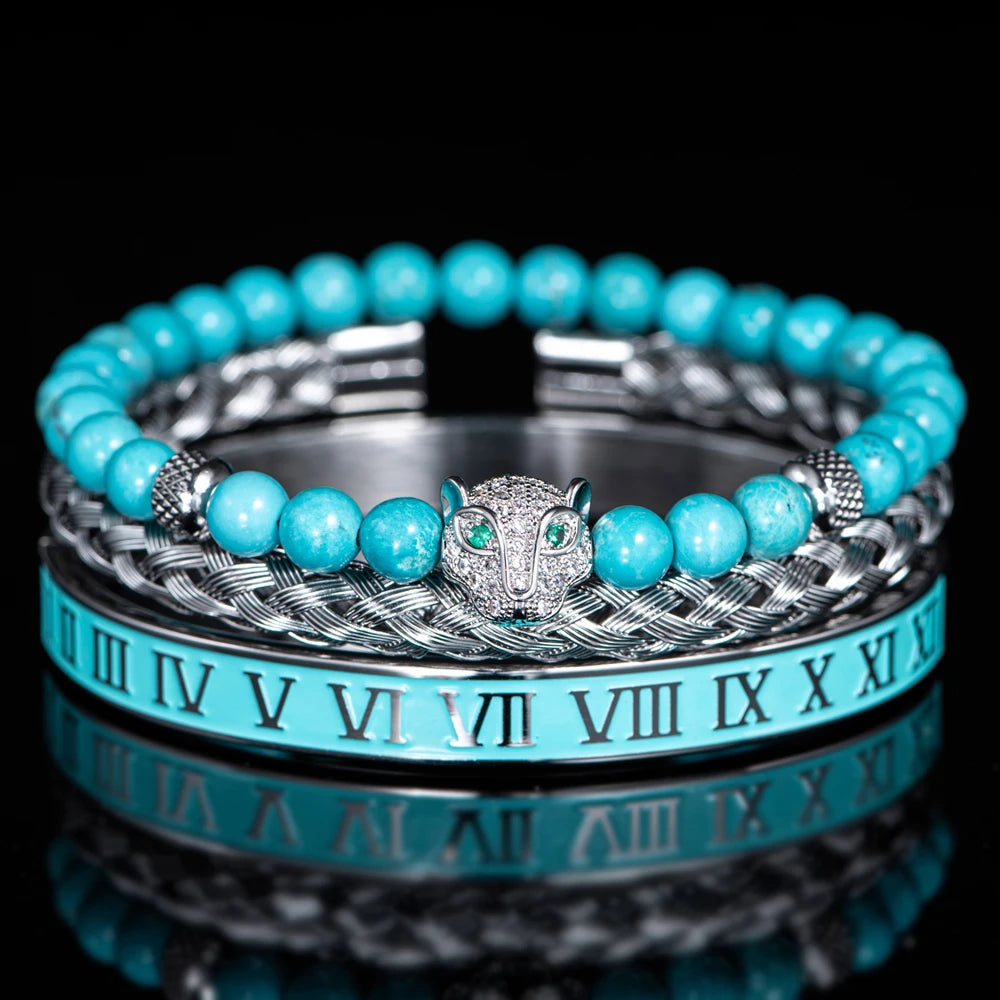 Turquoise Stone | VVS Diamond CZ Roman Numeral Leopard Head Luxury Bracelet