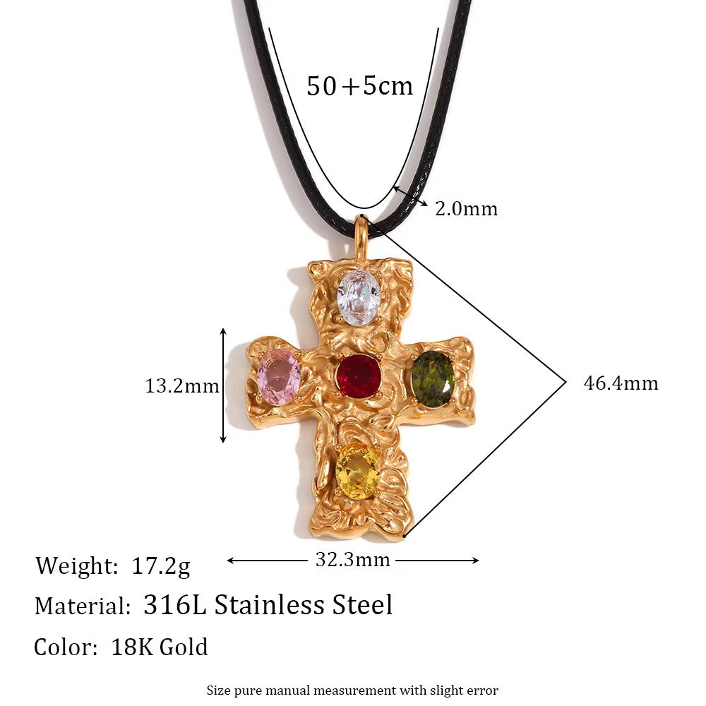Designer Pattern Colorful Gemstone CZ 18k Gold Stainless Steel Cross Pendant Necklace