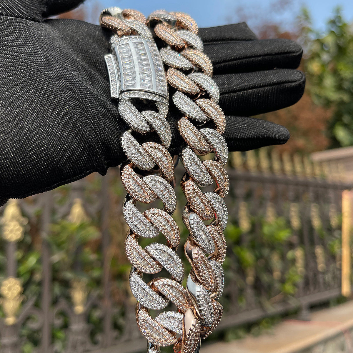 Mens Iced Blinged Out Baguette Clasp Hip Hop Cuban Link Starboy Chain Necklace